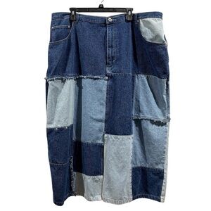Patchwork Denim Midi Skirt in Mixed Blue Washes